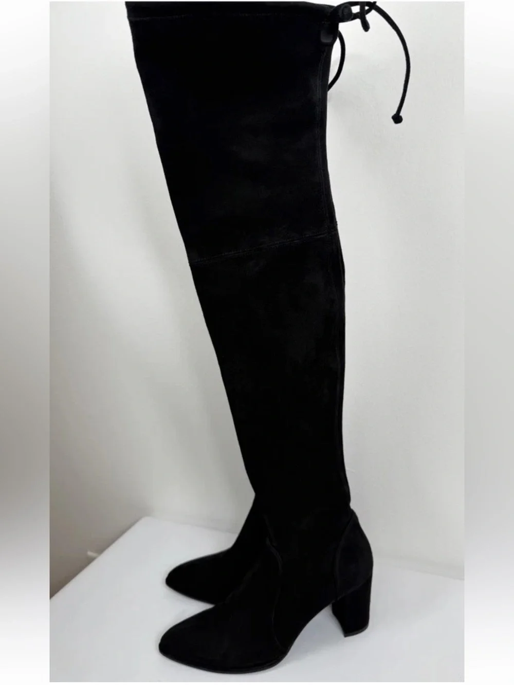 US 8.5 Sz 39 Spain Stuart Weitzman Boots Over Knee Suede Heel Almond Toe Black